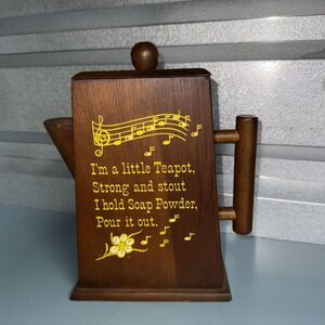 Vintage Wooden Teapot Shaped Laundry Soap Powder Holder - Musical Motif MCM